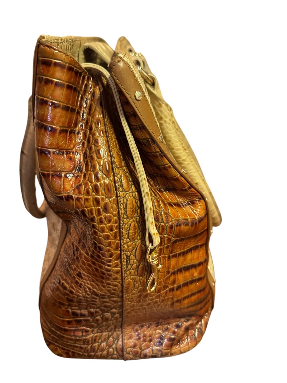 Brahmin Melbourne Croc Embossed Leather Colorblock Tote Bag Ivory Brown - Picture 3 of 7